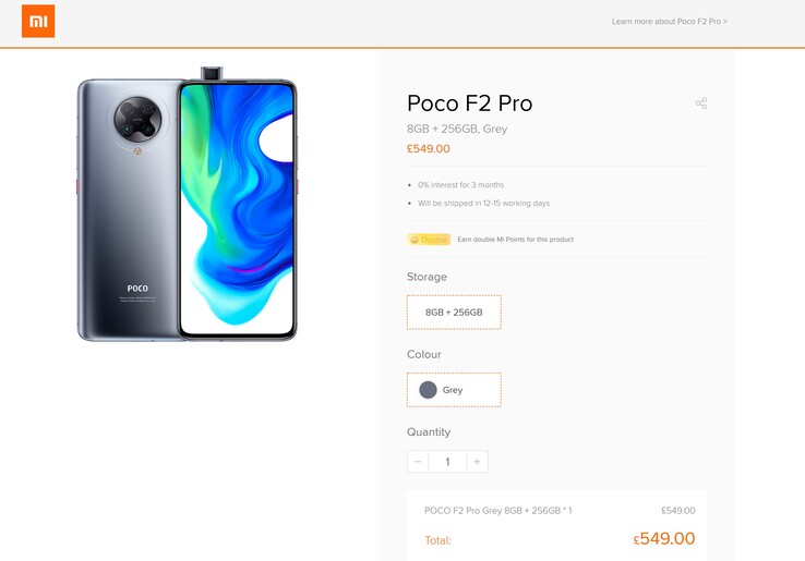 The Xiaomi Poco F2 Pro is only available in one configuration and colour in the UK. (Image source: Xiaomi)
