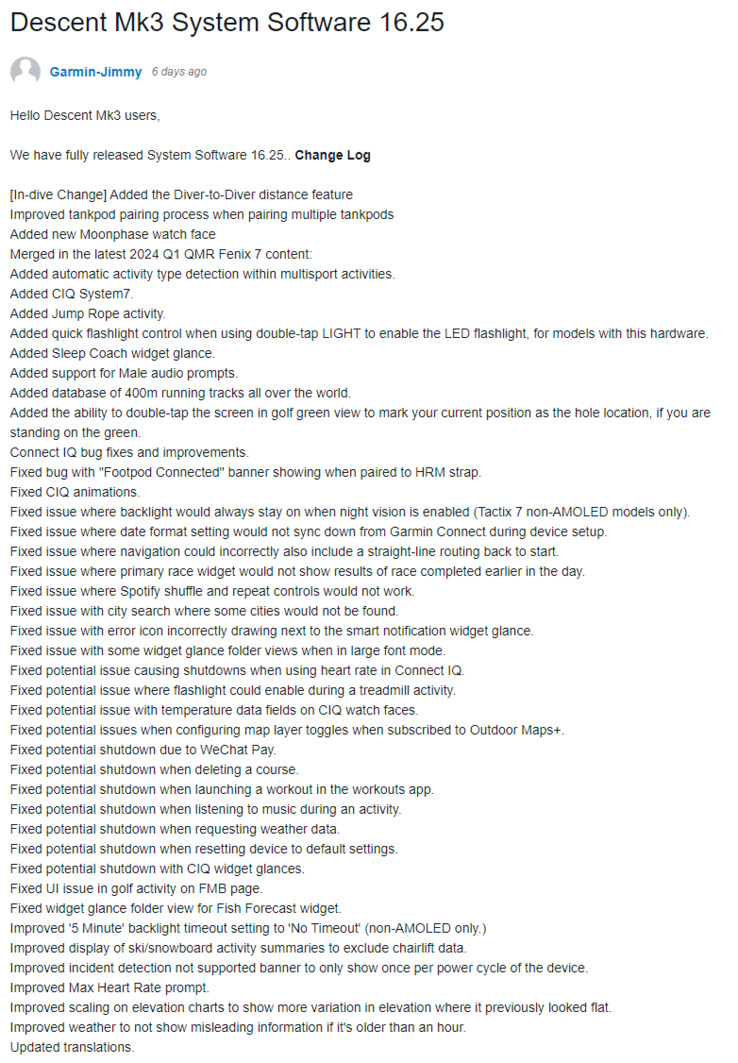 The changelog for the Descent Mk3 System Software 16.25. (Image source: Garmin)