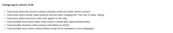 The change log for beta version 19.38 for the the Garmin Fenix 7 and related smartwatches. (Image source: Garmin)