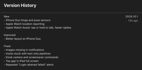 The change log for Home Assistant app version 2026.10.1 for iOS