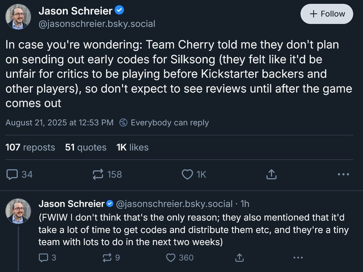 Jason Schreier Hollow Knight: Silksong reviews update (Image source: screenshot, Jason Schreier Bluesky account)