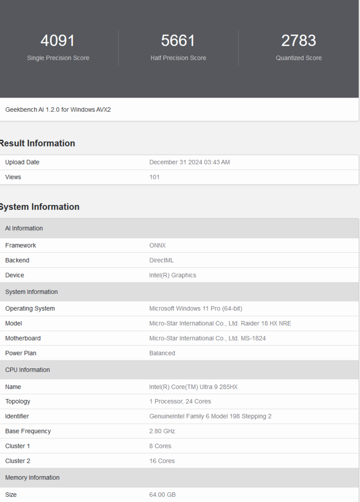 MSI Raider 18 HX Geekbench AI listing (image source: Geekbench)