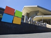 Microsoft signage stands in front of the corporate campus building