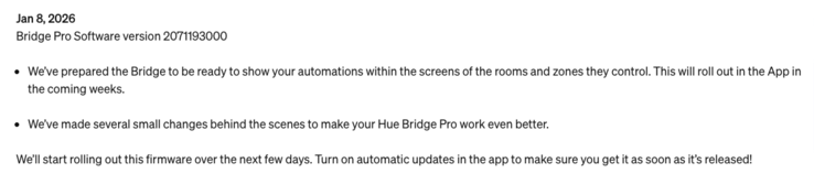 The change log for the latest software update for the Philips Hue Bridge devices. (Image source: Philips Hue)
