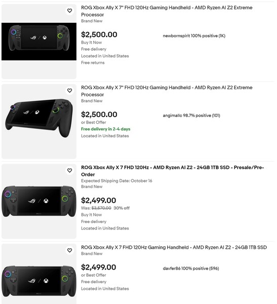 Asus ROG Xbox Ally X prices on eBay (Image source: screenshot, eBay)