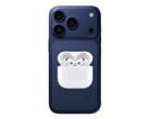 Unofficial iPhone 17 Pro render with AirPods 4. (Image source: @Skyfops on X and Apple, edited)