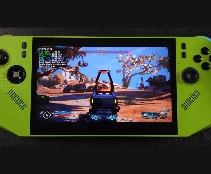 Borderlands 4 running on the MSI Claw 8 AI handheld with AMD Ryzen Z2 Extreme, showing on-screen FPS counter and performance overlay during gameplay (ETA Prime via YouTube)