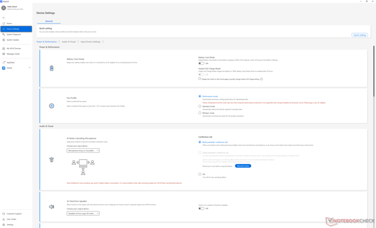 Note the red text suggesting the user to connect to mains if setting the system to Performance mode