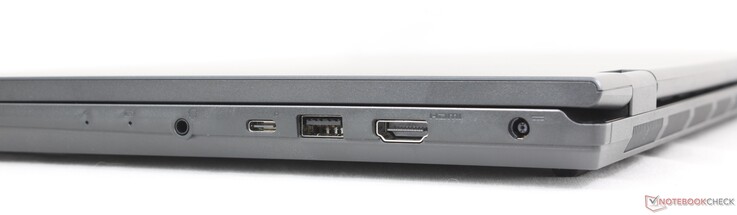 Right: 3.5 mm headset, USB-C 3.2 Gen. 2 w/ DisplayPort + Power Delivery, USB-A 3.2 Gen. 1, HDMI 2.1, AC adapter