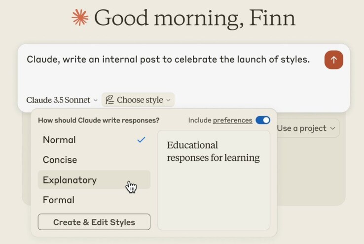 Anthropic adds Concise, Explanatory, and Formal writing styles to Claude AI's normal reply style. (Image source: Anthropic)