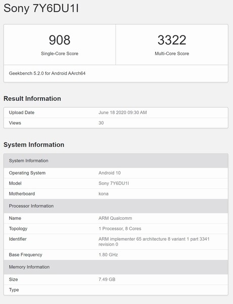 The Sony 7Y6DU1I. (Image source: Geekbench)