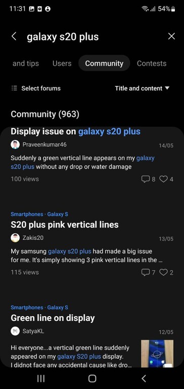 Users complaining about Galaxy S20 Plus display issues on Samsung Members (image via own)