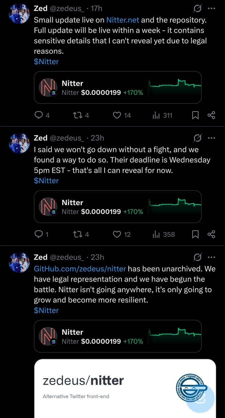 Nitter lead developer Zedeus says he is ready to fight the court battle with X Corp and a full update will be posted in this week
