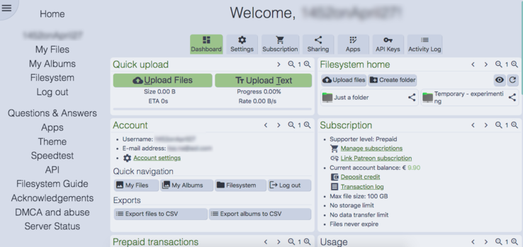 For users who are logged in, PixelDrain's home page looks like this (Image source: Notebookcheck)