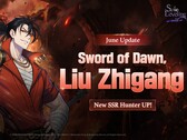 Official promotional artwork for the Sword of Dawn character banner introducing SSR hunter Liu Zhigang.