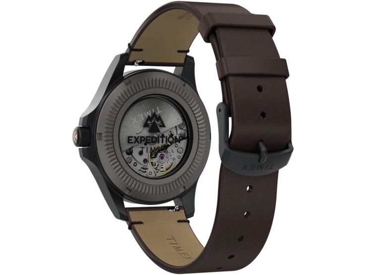 Rear view of the Timex Expedition Field Post Titanium showing its exhibition case back and automatic movement and brown leather strap.