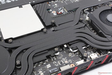 Cooling solution consists of two large ~70 mm fans and 6 copper heat pipes