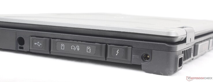 Right: Battery/expansion slot, Stylus pen (optional for touchscreens), USB-A 3.2 Gen. 1, Mini-SIM (optional), 3.5 mm headset, MicroSD reader, USB-C Thunderbolt 4 w/ Power Delivery + DisplayPort, AC adapter port