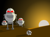 Cartoonish robots standing next to a human skull