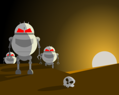 Cartoonish robots standing next to a human skull