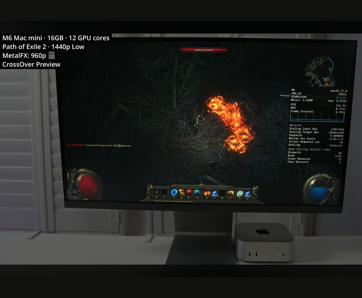 Path of Exile 2 running on a 16 GB M6 Mac mini through CrossOver at 1440p low settings.