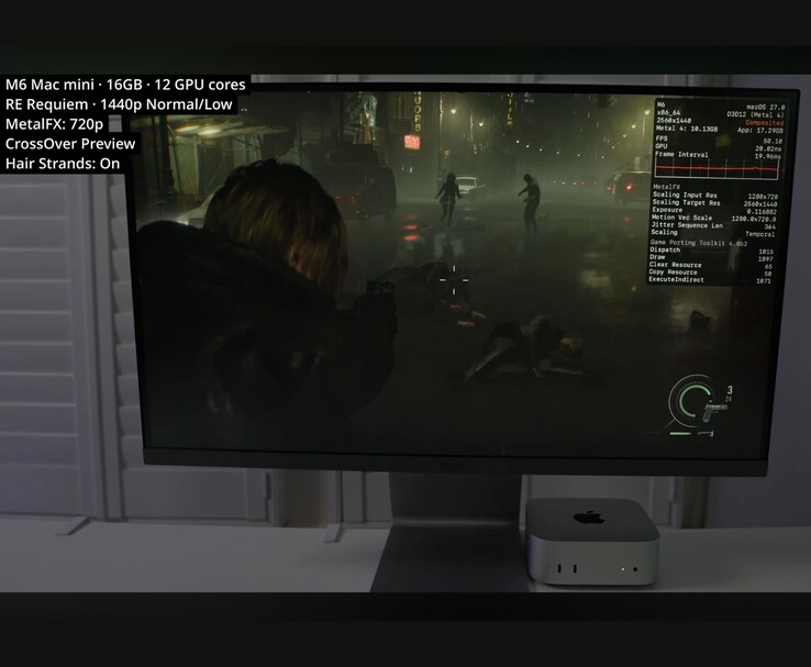 Resident Evil Requiem running at around 50 FPS on a 16 GB M6 Mac mini through CrossOver.