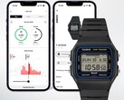 Casio F-B100W digital watch shown in front of two smartphone screens displaying its connected Life Log app with step and activity tracking data.