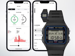 Casio F-B100W digital watch shown in front of two smartphone screens displaying its connected Life Log app with step and activity tracking data.