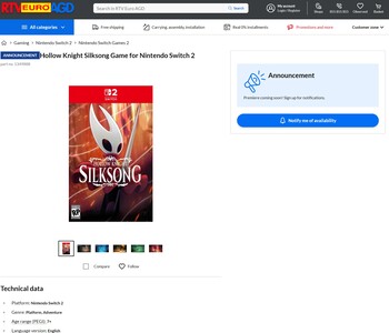 Hollow Knight Silksong Switch 2 RTV Euro AGD listing (Image source: screenshot, RTV Euro AGD)