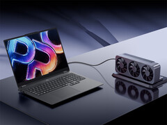 The Lecoo Pro 16 Cored Edition has an USB4 and OCuLink port. Pictured: a promo picture showing the laptop with an external GPU dock.