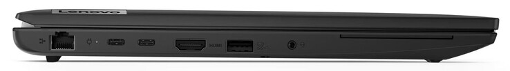 Left side: Gigabit Ethernet, USB 3.2 Gen 2 (USB-C; Power Delivery, Displayport), HDMI, USB 3.2 Gen 1 (USB-A), audio combo, SmartCard reader