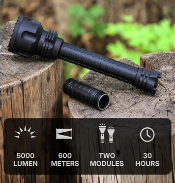 The Lumstrik flashlight can be used with either a shorter or a longer grip