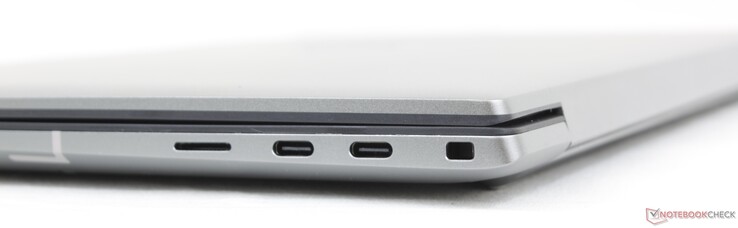 Right: MicroSD reader, 2x USB-C w/ Thunderbolt 4 + DisplayPort + Power Delivery, Wedge lock