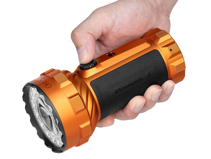 The Olight Marauder 3 has a silicone-wrapped grip.