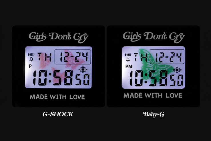 Pink butterfly backlight on the Casio G-Shock and green butterfly backlight on the Baby-G Girls Don't Cry watches.
