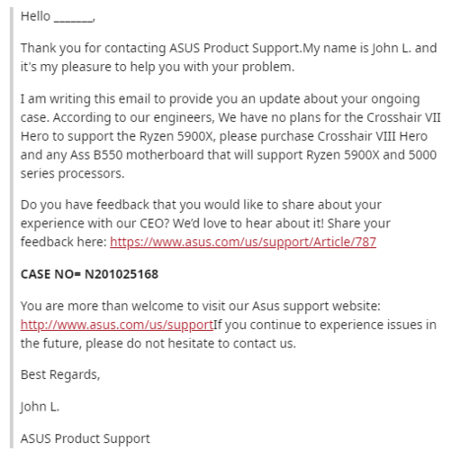 Confirmation from ASUS that it will not be supporting the X470 chipset for Zen 3. (Image source: u/Eroji)