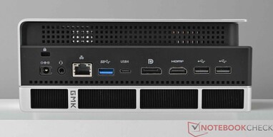 Rear I/O of the GMKtec Evo-X2 mini PC. (Image source: Sebastian Bade of Notebookcheck)