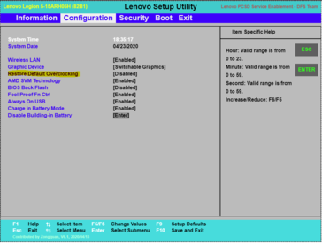 Lenovo Legion 5 15ARH05 - BIOS Simulator Restore Default Overclocking setting. (Source: Lenovo)