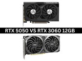 Side-by-side image of Nvidia GeForce RTX 5050 and RTX 3060 12 GB graphics cards (Image Source: Product images via Gigabyte and MSI. Composite created by Anmol Dubey via Notebookcheck).