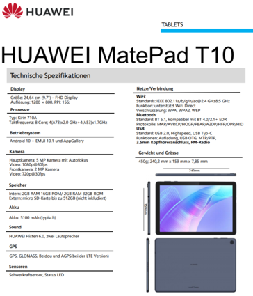 Huawei MatePad T10 specs. (Image source: @rquandt)