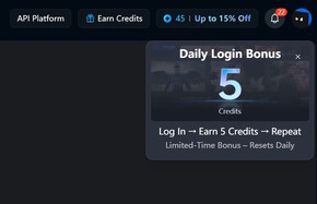 5 credits for daily login (picture source: Screenshot on Vidu.com)
