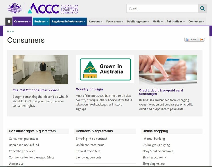 The ACCC website covers all aspects of Australian consumer rights (Image source: ACCC)