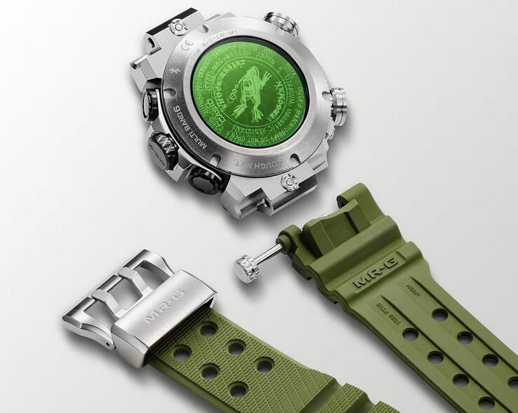 The Frogman MRG-BF1000RG features a bright green vapor-deposited sapphire glass at the center of its titanium screw back, along with an easy-to-detach fluorine rubber wristband that is flexible and comfortable to wear. (Image source: Casio)