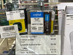 A purchase receipt for a Crucial SODIMM DDR5 5600 64GB memory kit with a $6.99 price tag