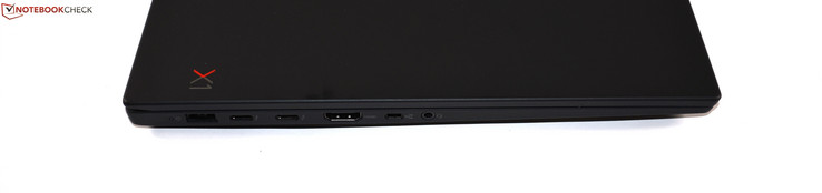left: Slim Tip charging port, 2x Thunderbolt 3, HDMI 2.0, mini-Ethernet, combo audio