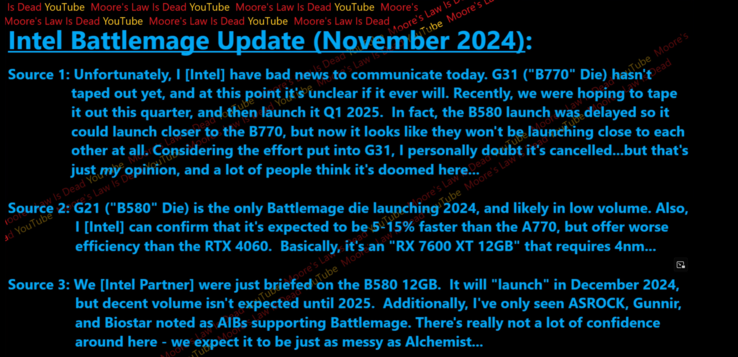 Intel may not launch a high-end Arc Battlemage graphics card this generation (image source: Moore's Law is Dead on YouTube)