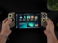 MSI Claw 8 AI handheld gaming PC running the new Windows 11 Xbox Full-Screen Experience interface, showing the Game Pass library on screen. (ETA PRIME via YouTube)