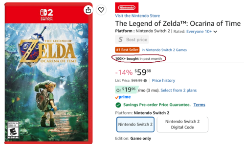 Zelda: Ocarina of Time Amazon listing and sales shown