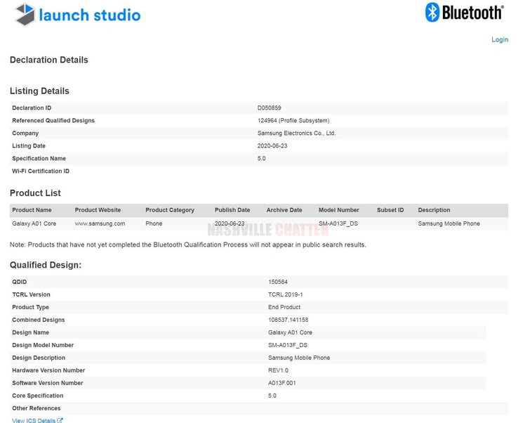 The Galaxy A01 Core is Bluetooth 5.0-certified. (Source: Bluetooth SIG via NashvilleChatter)