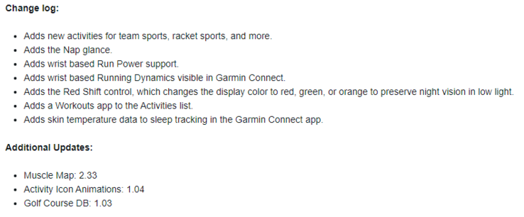 The change log for Garmin Public Beta 8.23. (Image source: Garmin)